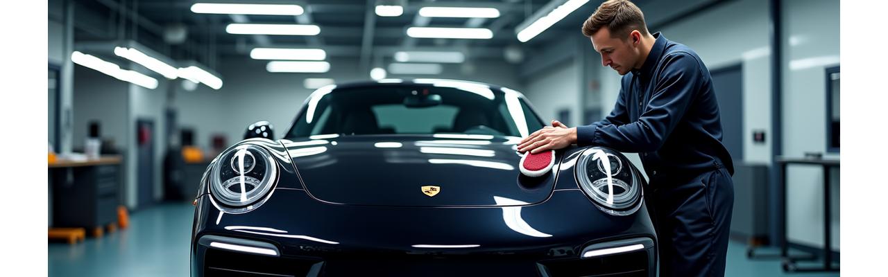 Kirei Kōgeiの熟練した職人が、細心の注意を払って高級車の塗装を磨いている様子